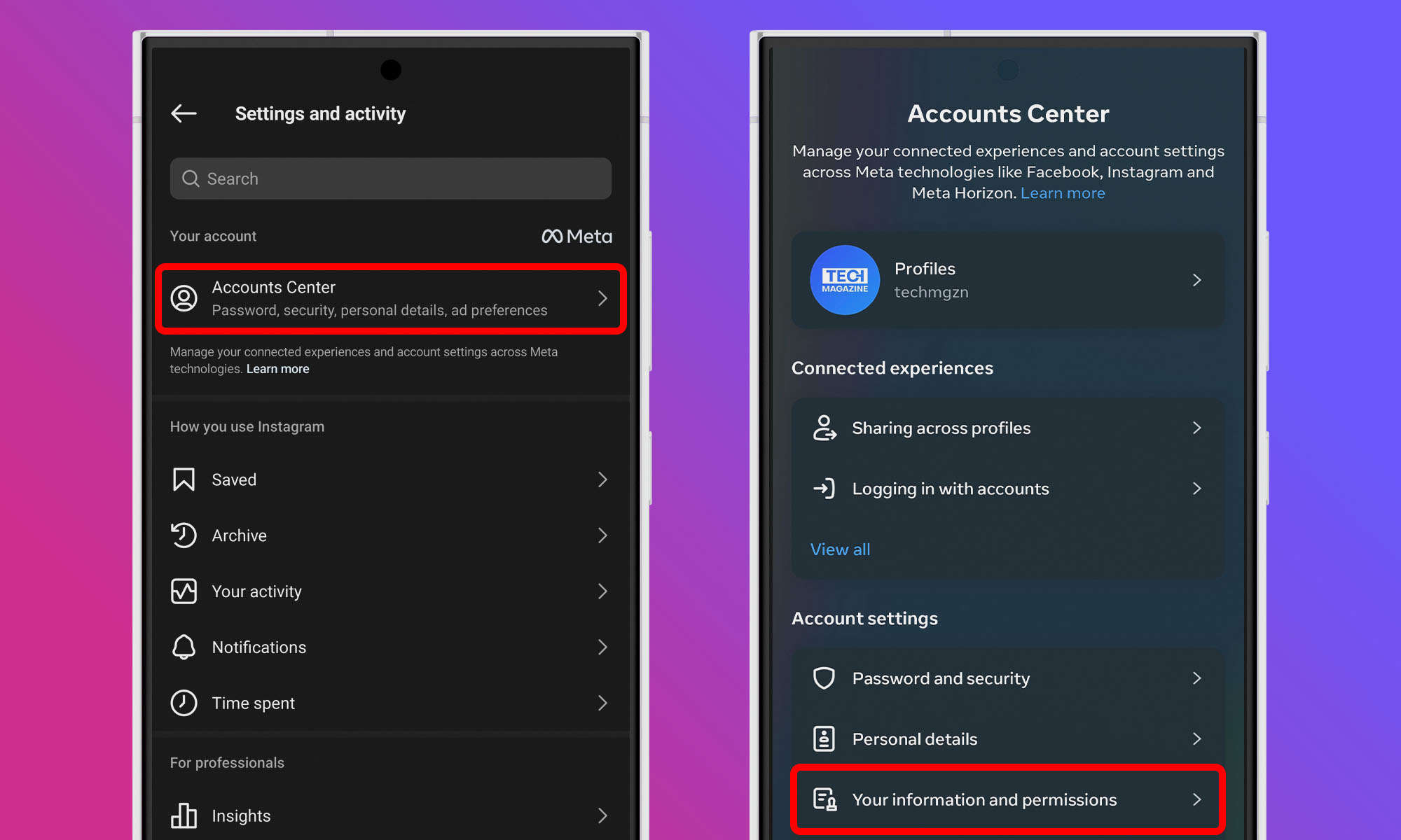 access your instagram account center