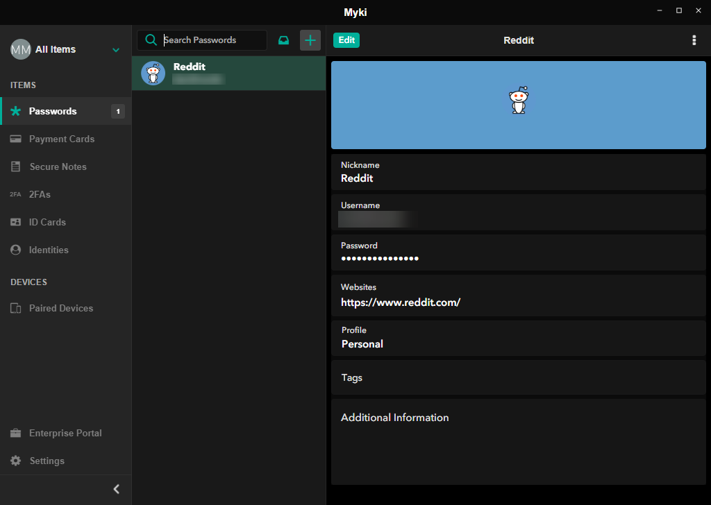 myki password manager items screenshot